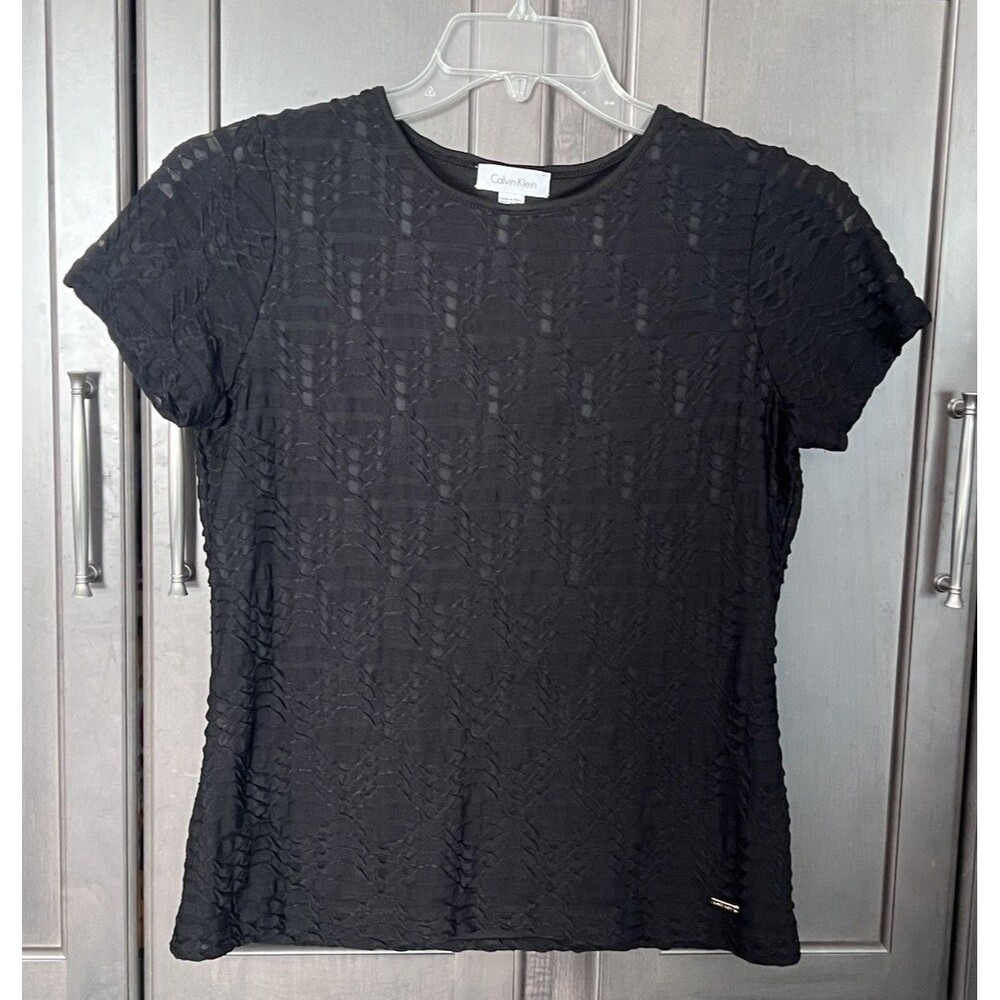Calvin Klein Women's Stretch Textured Short Sleeve Shirt Black Size Small